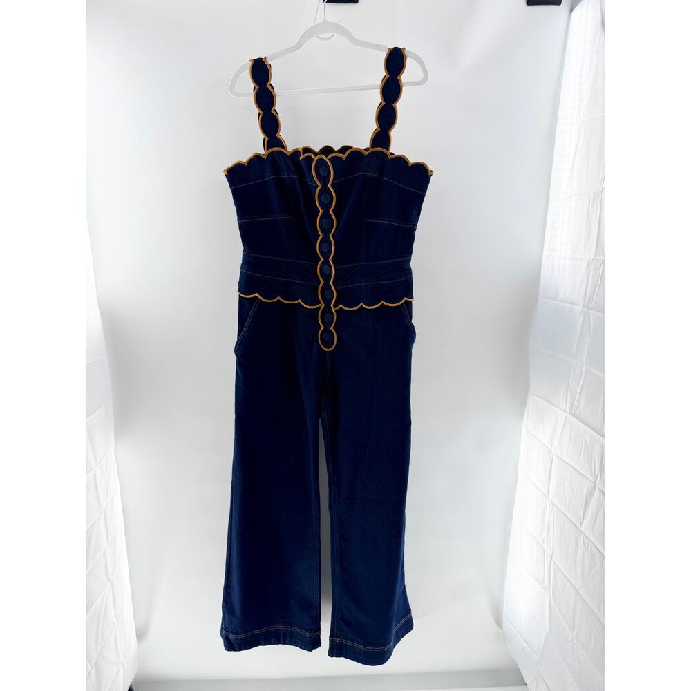 NWT FARM Rio Denim Cloud Scalloped Cutout Flare Jumpsuit Blue Dark Blue Womens L - Picture 5 of 10